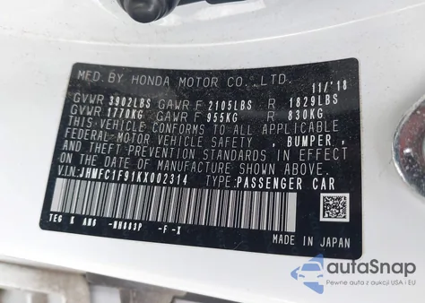 2019 Honda Civic Touring z USA, uszkodzony, nr VIN JHMFC1F91KX002314